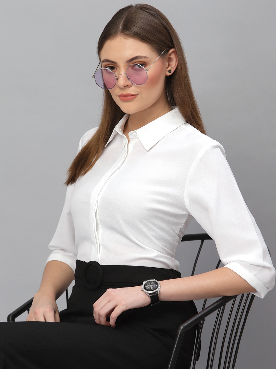 

Style Quotient Women White Solid Formal Shirt