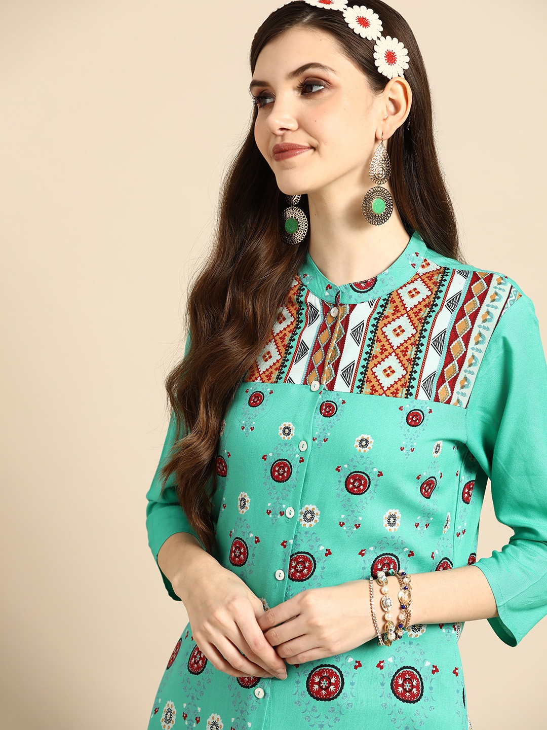 

Sangria Women Sea Green & Red Ethnic Motifs Printed Kurta