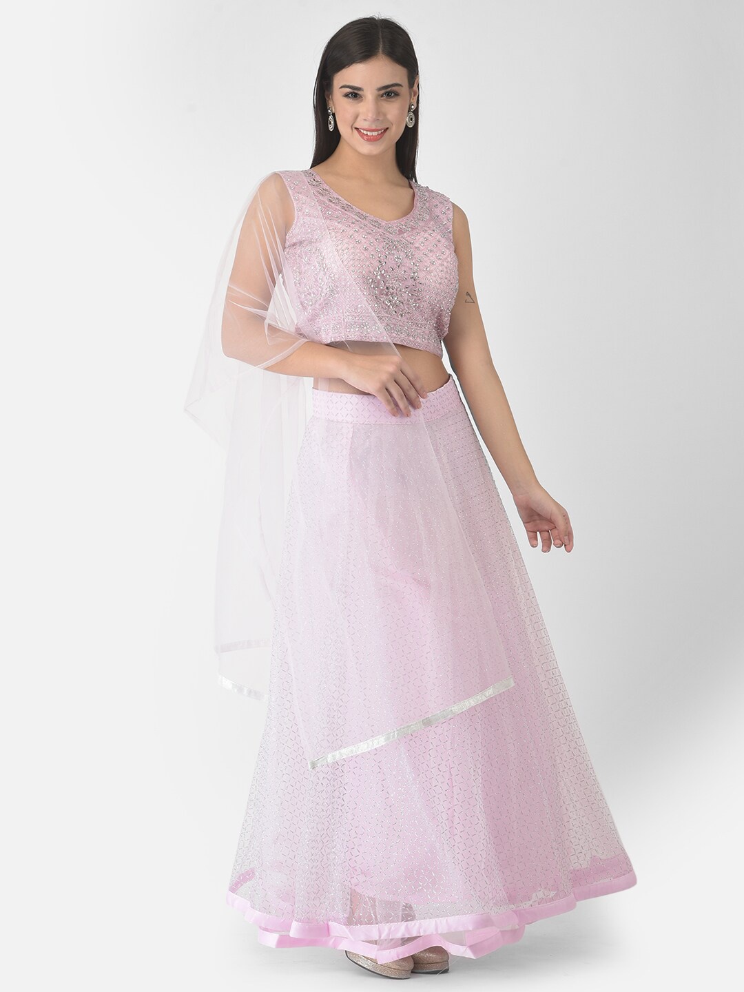 

FNOCKS Pink Embellished Semi-Stitched Lehenga & Ready to Wear Blouse With Dupatta