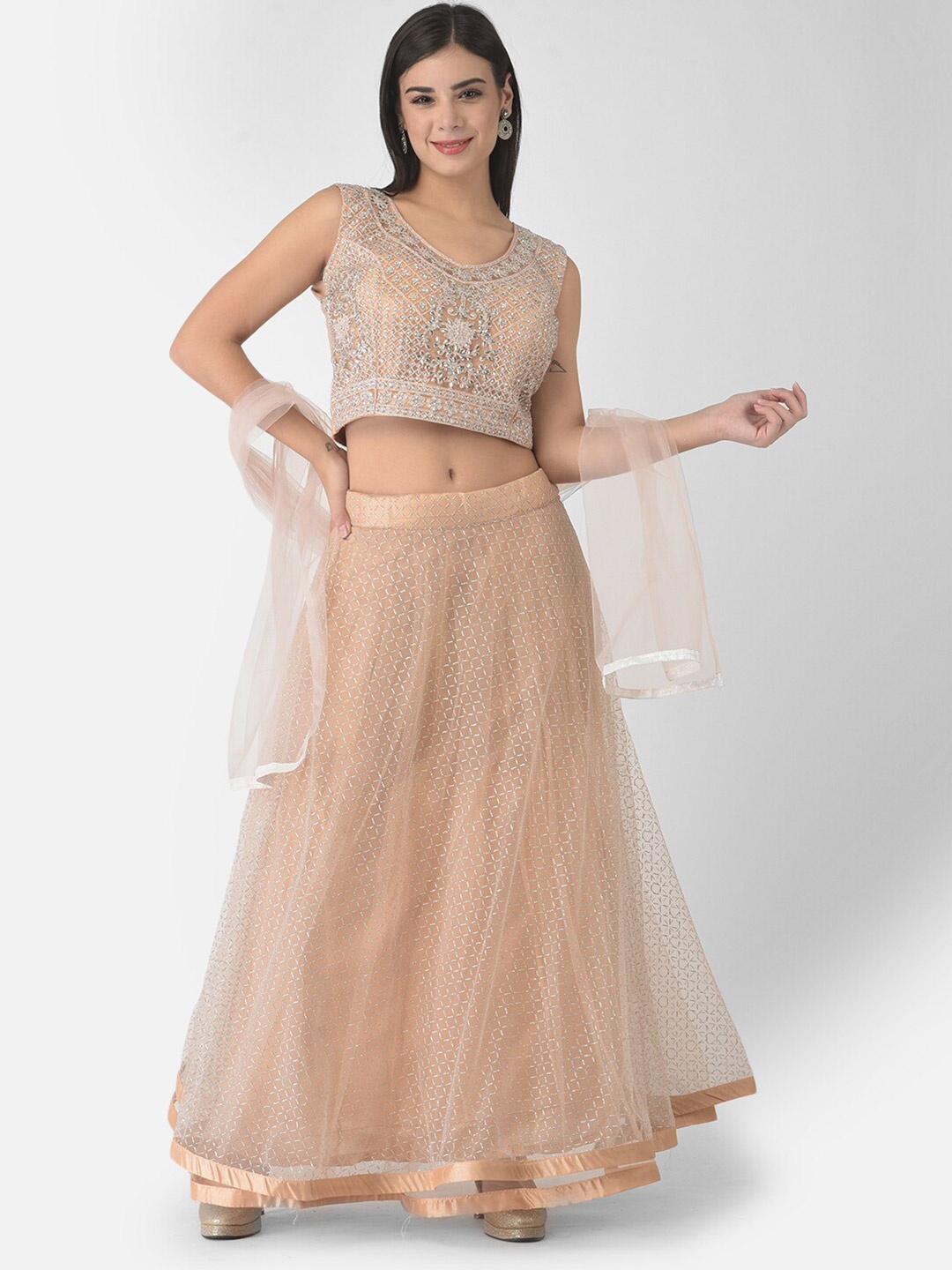 

FNOCKS Peach-Coloured & Silver-Toned Embellished Thread Work Semi-Stitched Lehenga & Ready to Wear Blouse