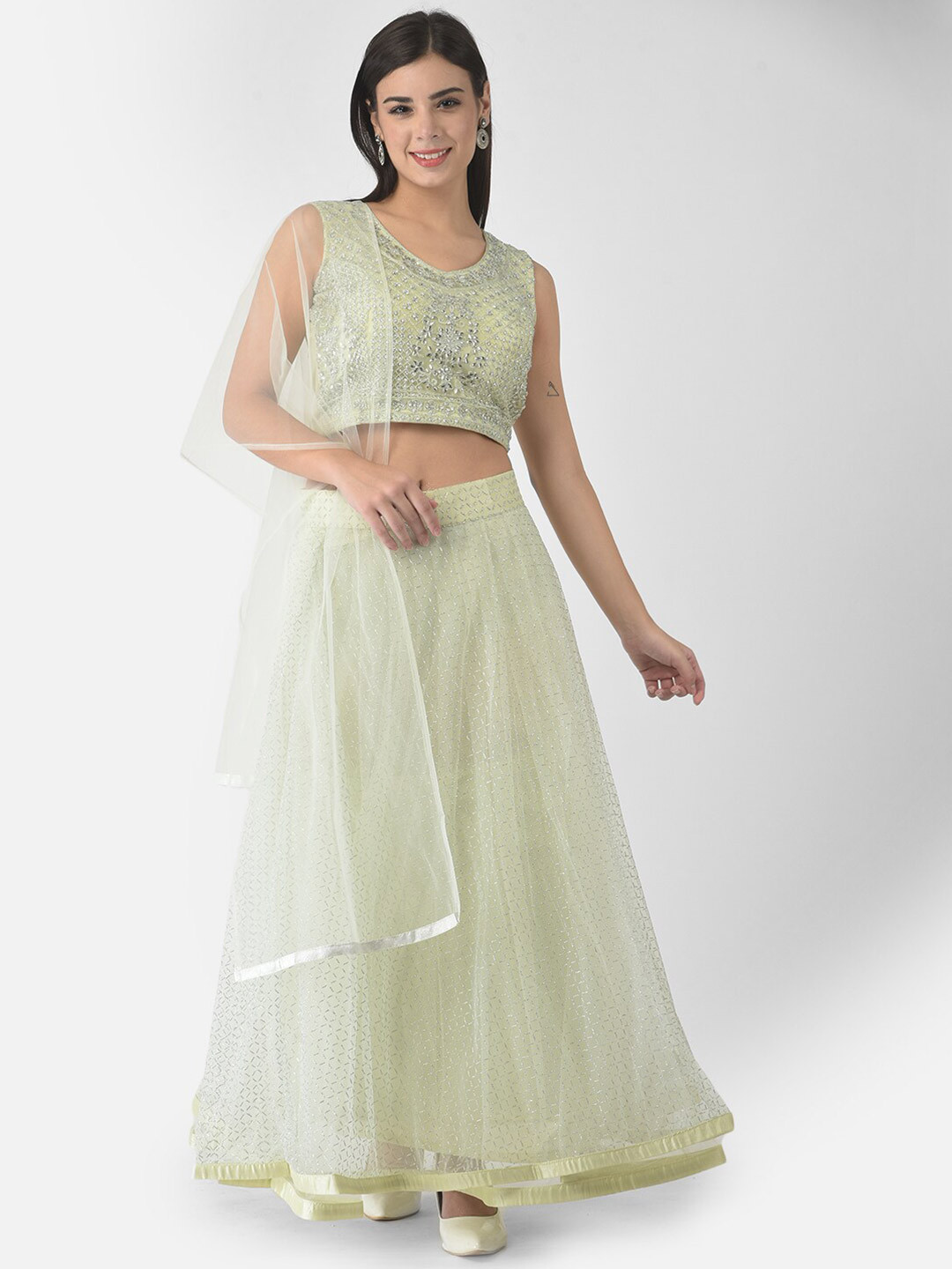 

FNOCKS Yellow & Silver-Toned Embroidered Semi-Stitched Lehenga & Ready to Wear Blouse With Dupatta