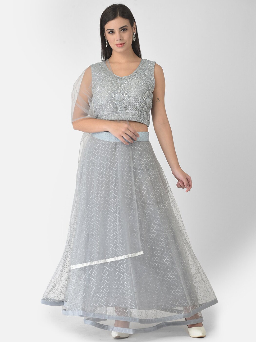 

FNOCKS Grey Embellished Semi-Stitched Lehenga & Ready to Wear Blouse With Dupatta