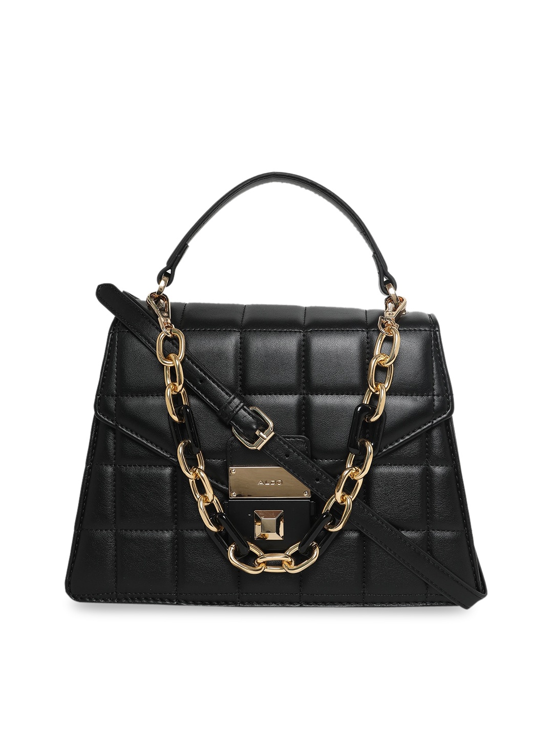 

ALDO Black Checked Textured PU Structured Satchel with Quilted