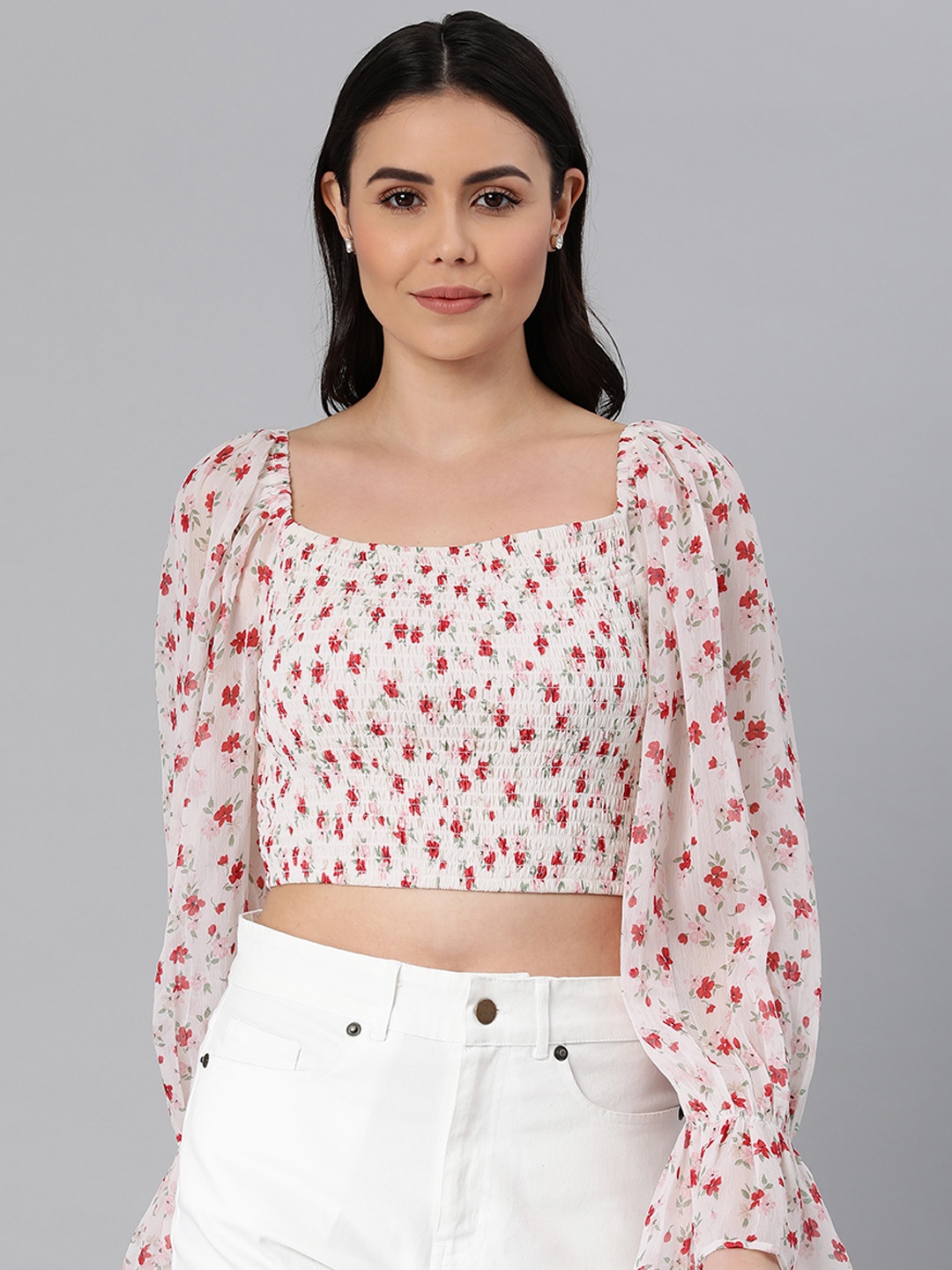 

ANI White & Red Floral Print Smocked Crop Top