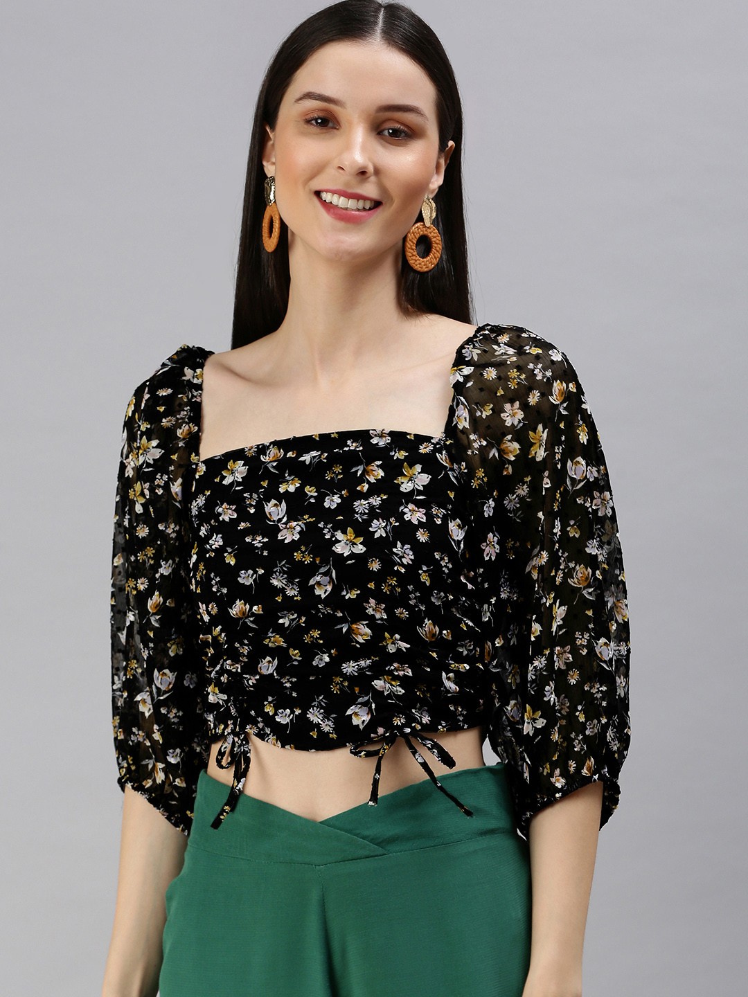 

ANI Black & White Floral Print Georgette Blouson Crop Top