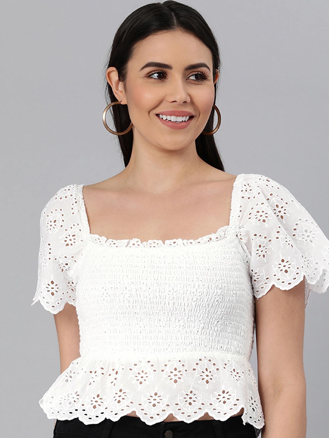 

ANI White Schiffli Smocked Pure Cotton Blouson Crop Top