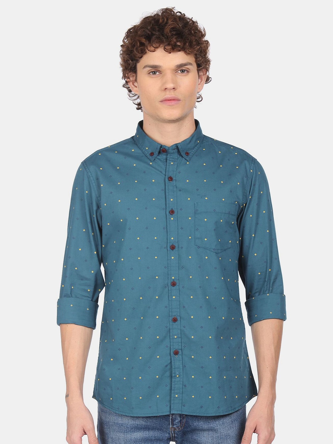 

Flying Machine Men Teal Printed Cotton Casual Shirt