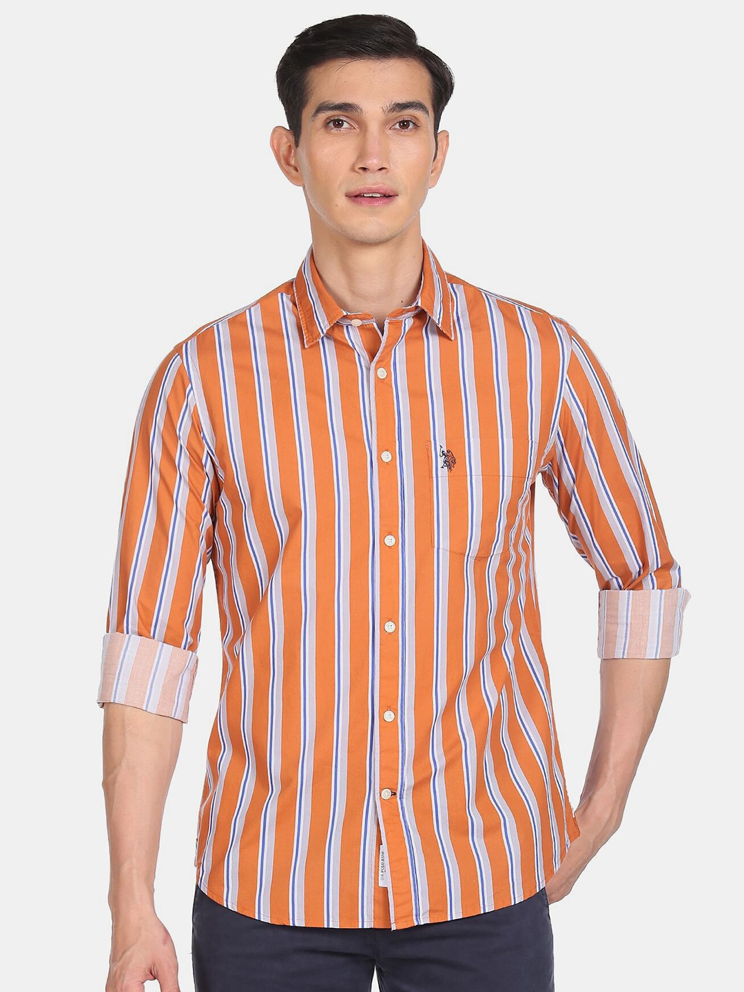 

U S Polo Assn Men Orange Striped Pure Cotton Casual Shirt
