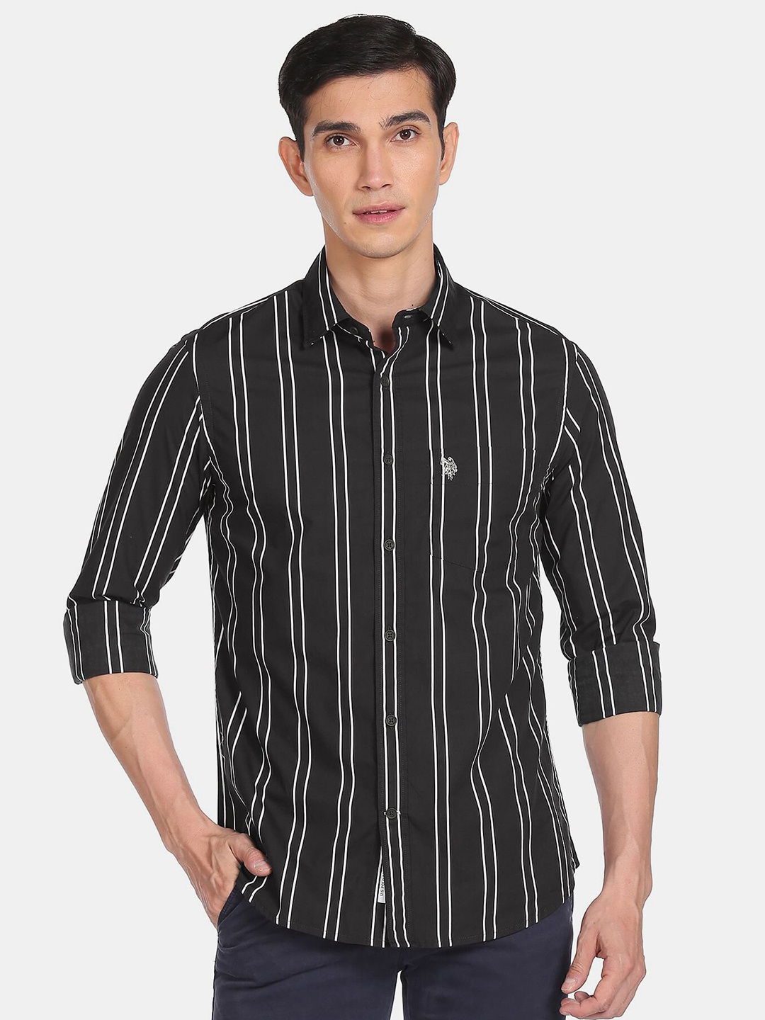 

U S Polo Assn Men Black Striped Casual Shirt