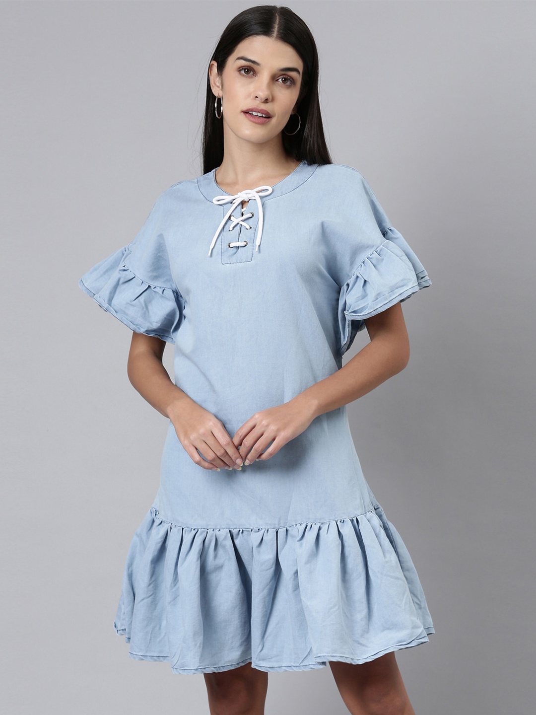 

ZHEIA Blue Tie-Up Neck Denim Drop-Waist Dress