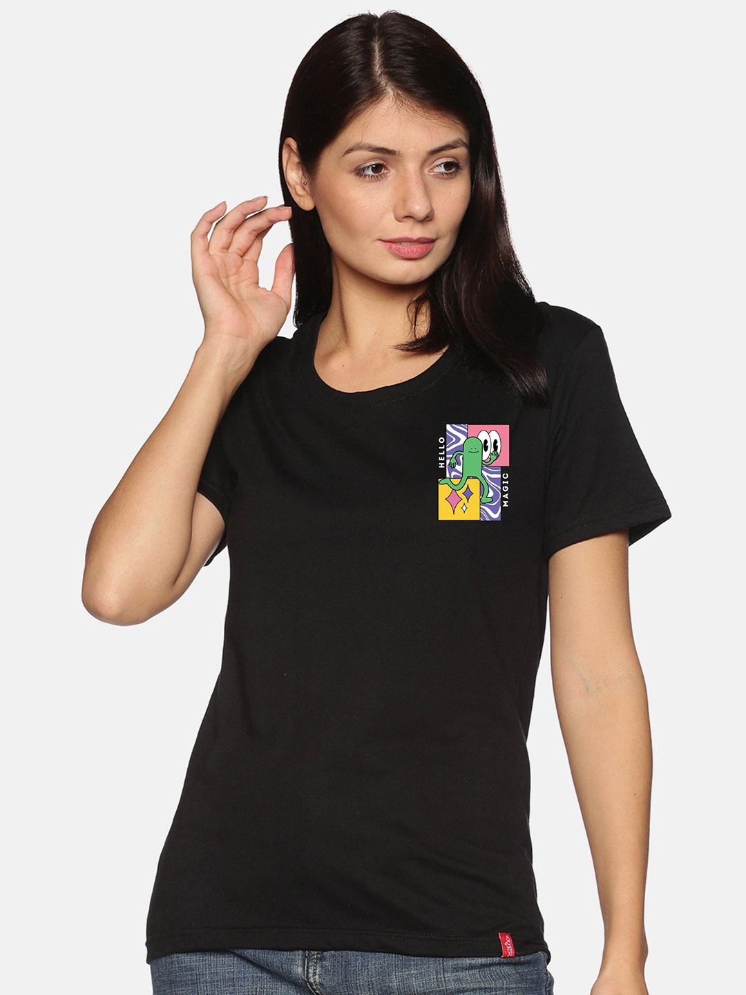 

NOT YET by us Women Black Solid Cotton T-shirt