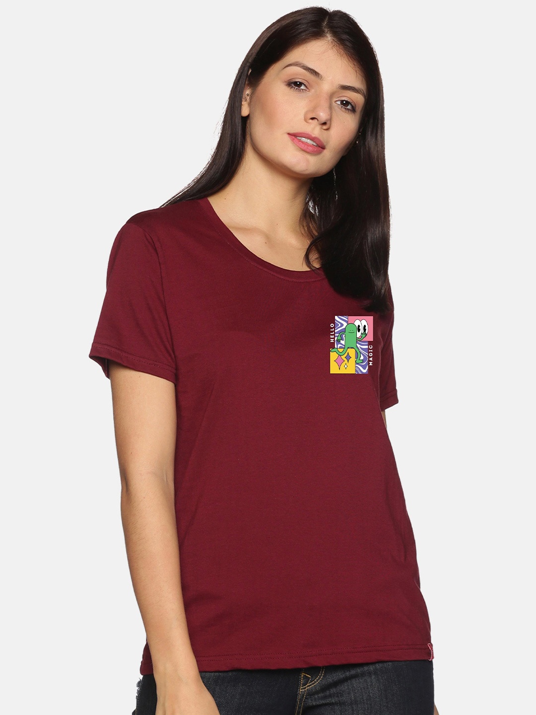 

NOT YET by us Women Maroon Solid Regular Fit T-shirt