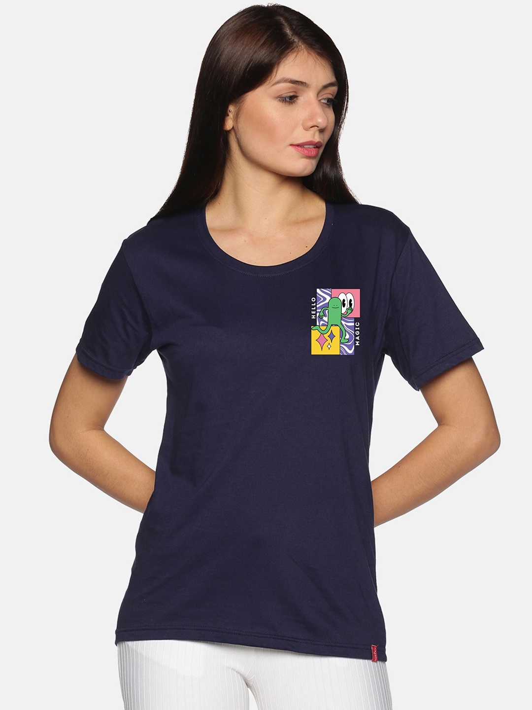 

NOT YET by us Women Navy Blue Drop-Shoulder Sleeves Cotton T-shirt