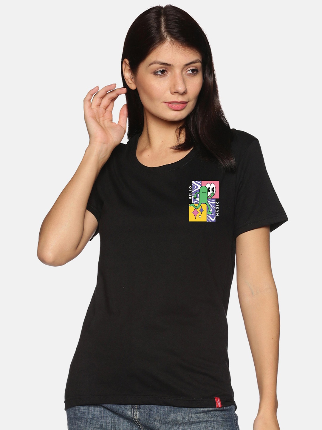 

NOT YET by us Women Black Printed Cotton T-shirt