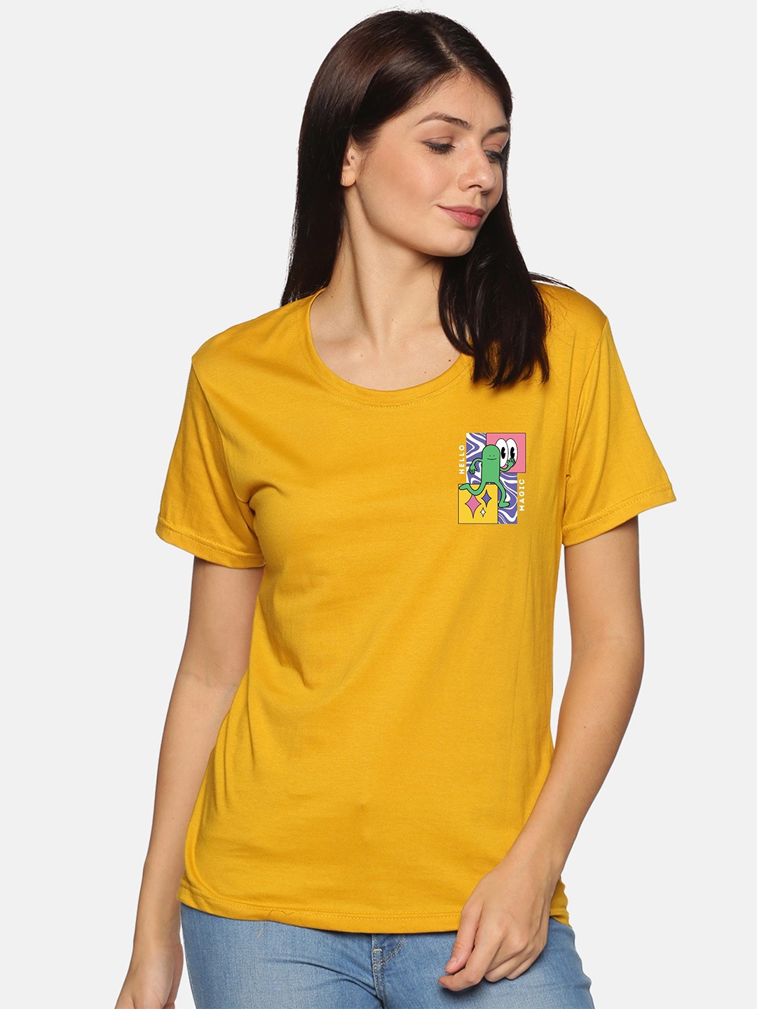 

NOT YET by us Women Mustard Yellow Drop-Shoulder Sleeves T-shirt