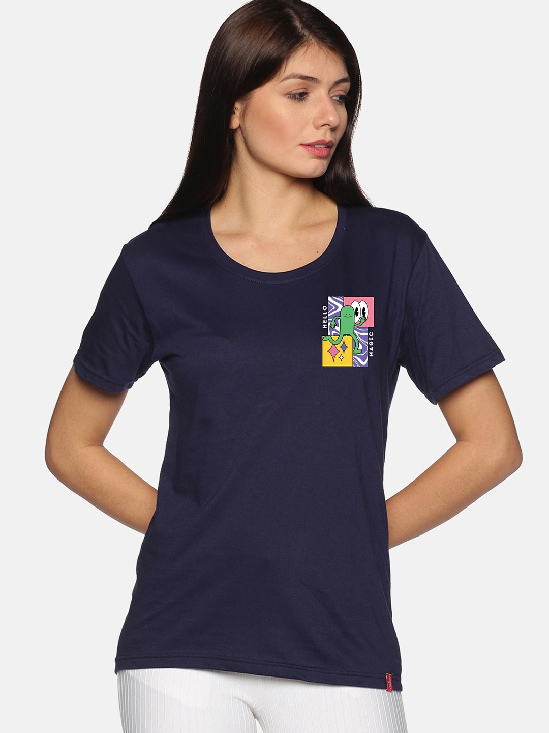 

NOT YET by us Women Navy Blue Printed Drop-Shoulder Sleeves T-shirt