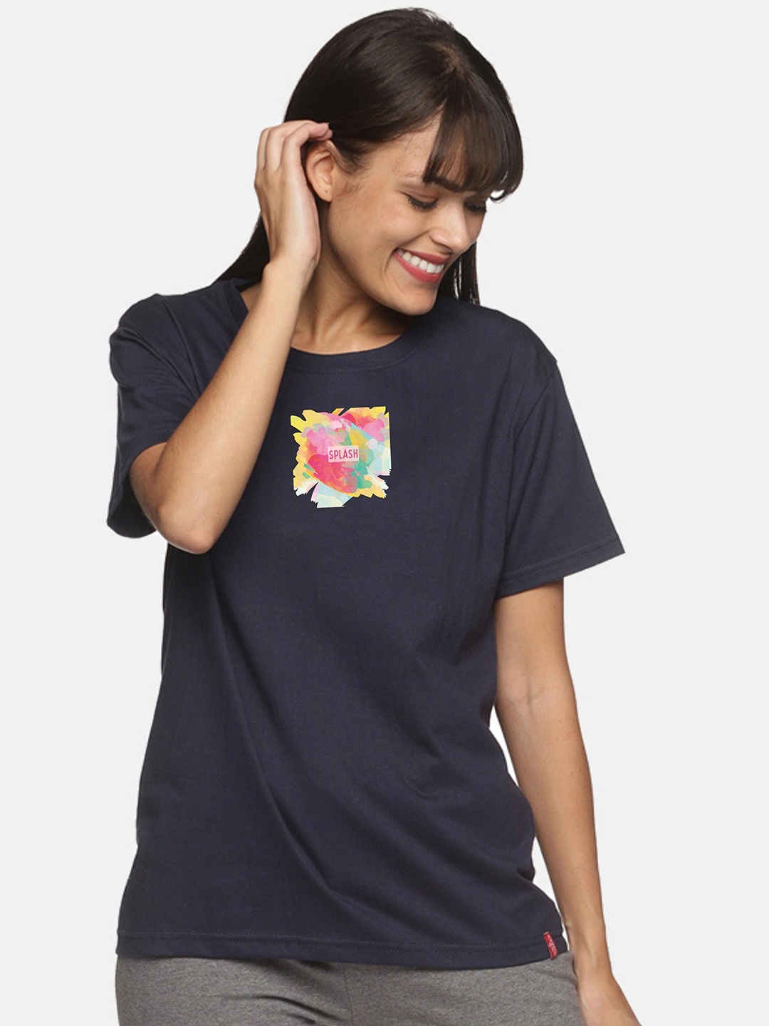 

NOT YET by us Women Navy Blue Floral Printed Drop-Shoulder Sleeves T-shirt