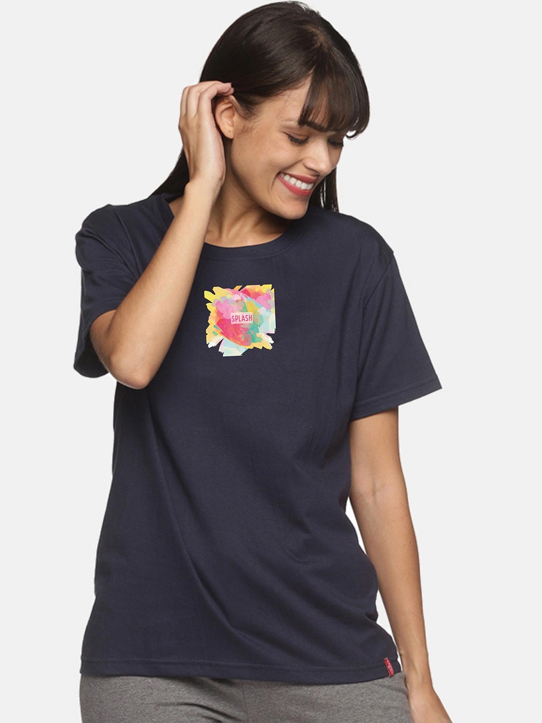 

NOT YET by us Women Navy Blue Floral Drop-Shoulder Sleeves T-shirt