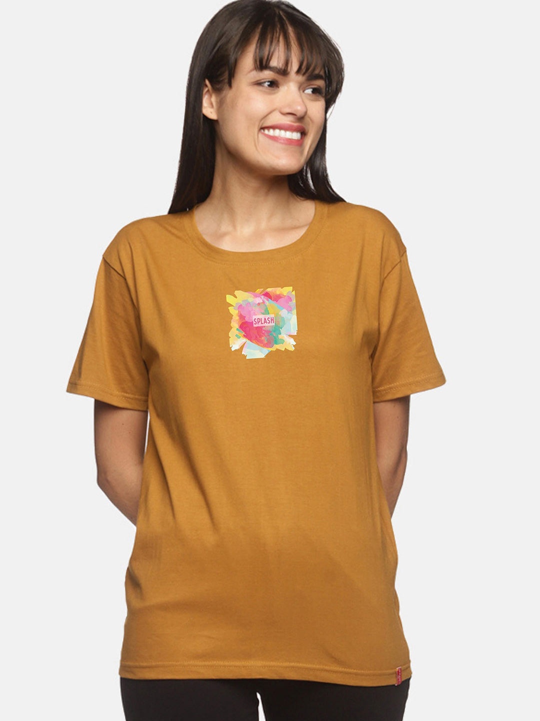 

NOT YET by us Women Mustard Yellow Printed Drop-Shoulder Sleeves T-shirt