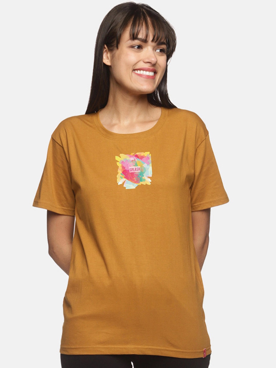 

NOT YET by us Women Mustard Yellow Printed Drop-Shoulder Sleeves T-shirt