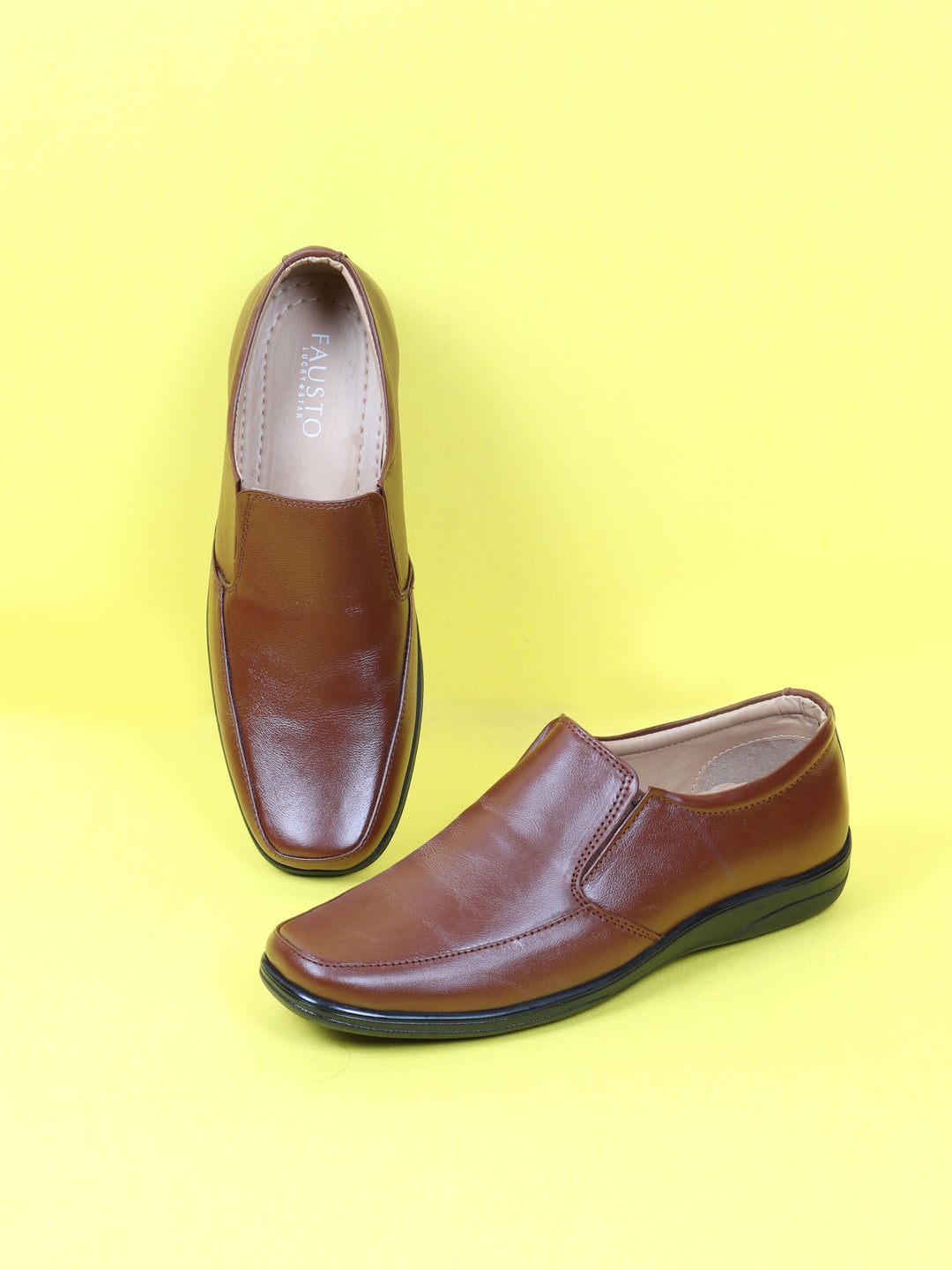 

FAUSTO Men Tan Brown Solid Leather Formal Loafers