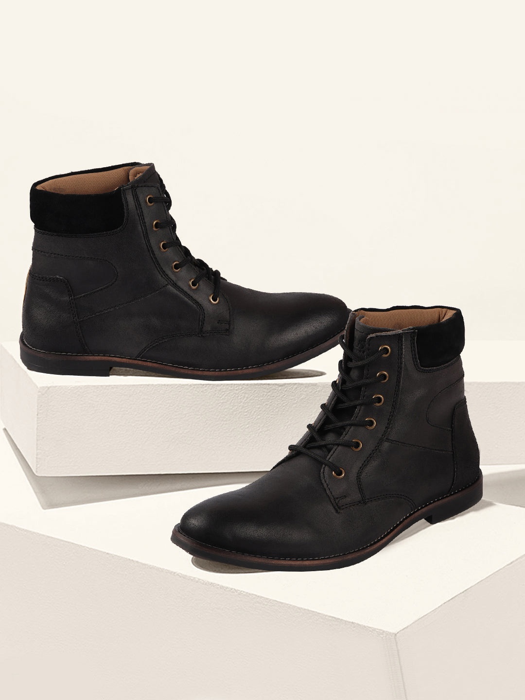 

FAUSTO Men Black Solid Leather Ankle Boots