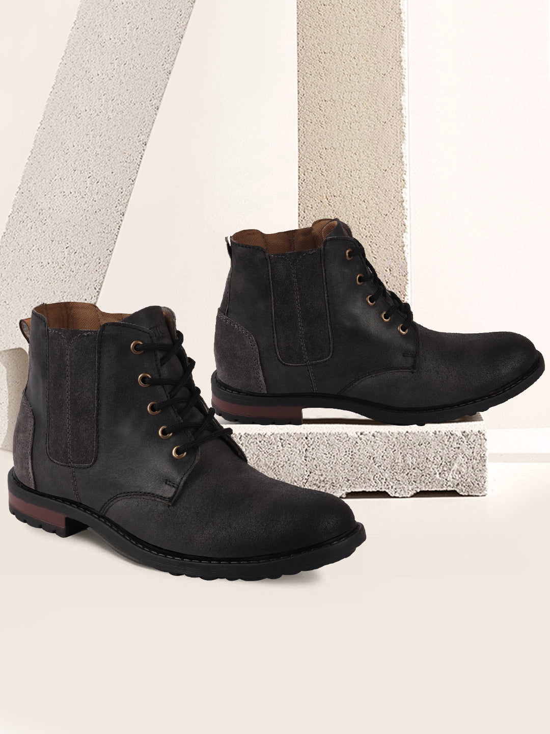 

FAUSTO Men Black Solid Leather Chelsea Ankle Boots