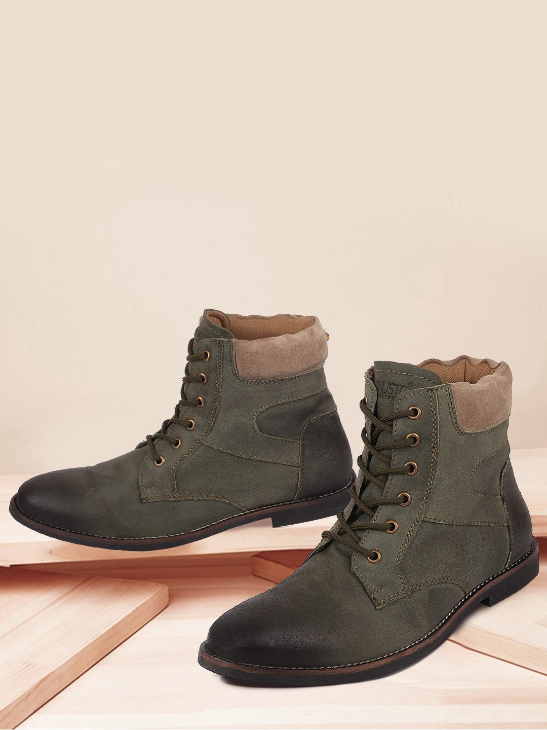 

FAUSTO Men Olive Green Solid Leather Mid-Top Boots