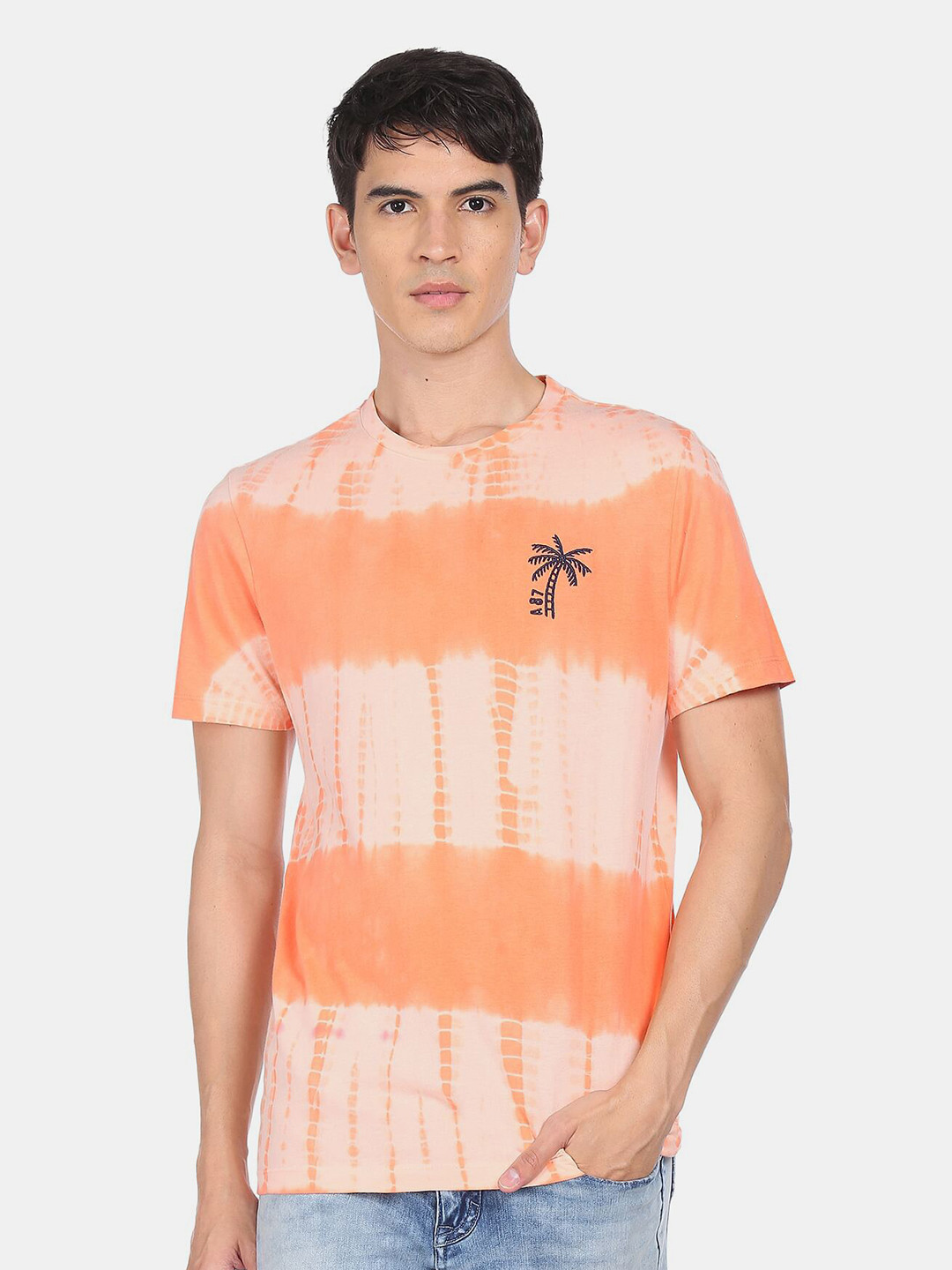 

Aeropostale Men Orange & Peach-Coloured Tie and Dye Pure Cotton T-shirt