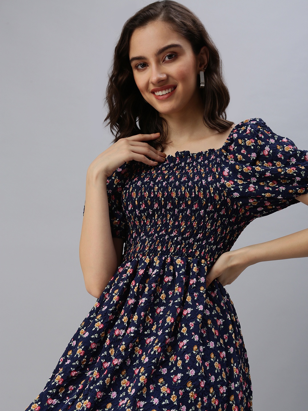 

SHOWOFF Navy Blue & Peach-Coloured Floral Smocked Midi Dress