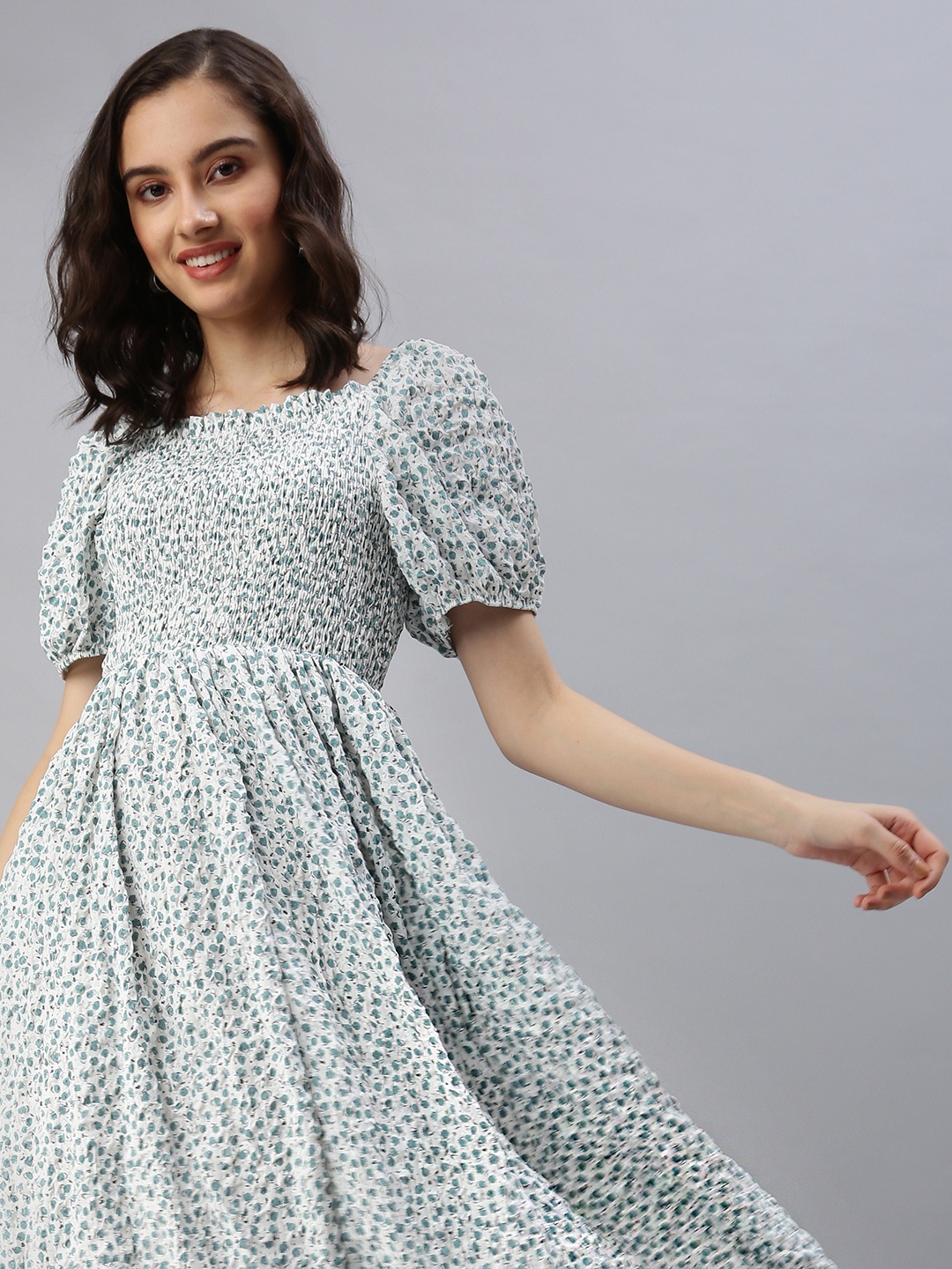 

SHOWOFF Off White & Green Floral Cotton Maxi Dress