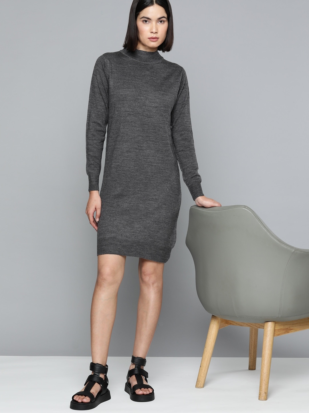 

ether Charcoal Grey Acrylic Solid Jumper Dress