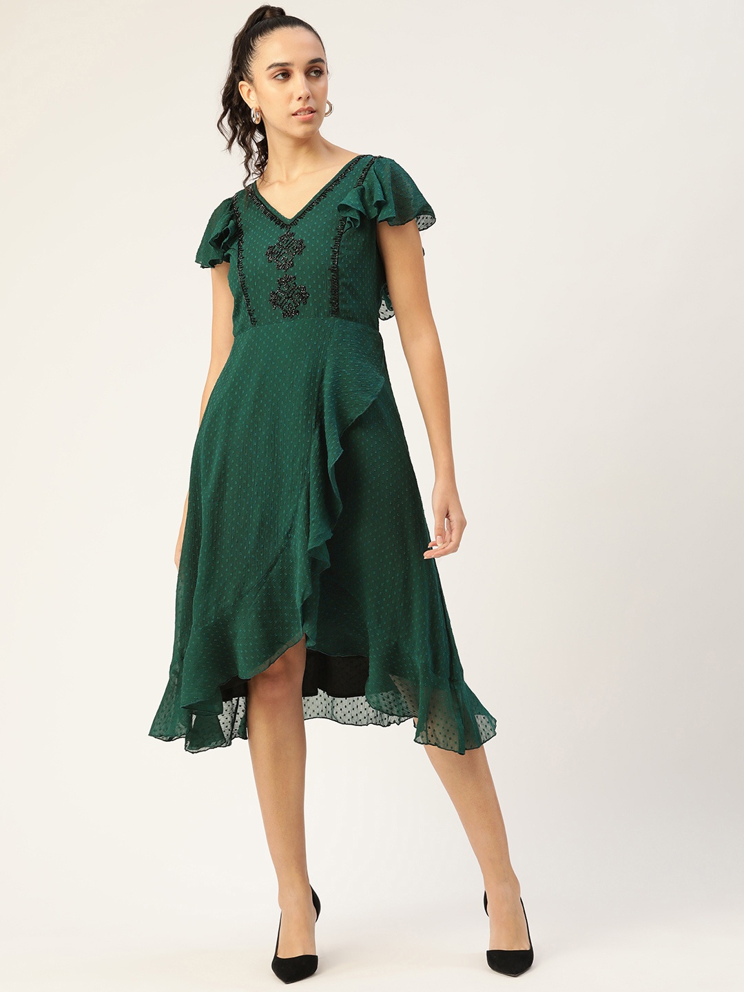 

Antheaa Green Dobby Weave Ruffled Dress
