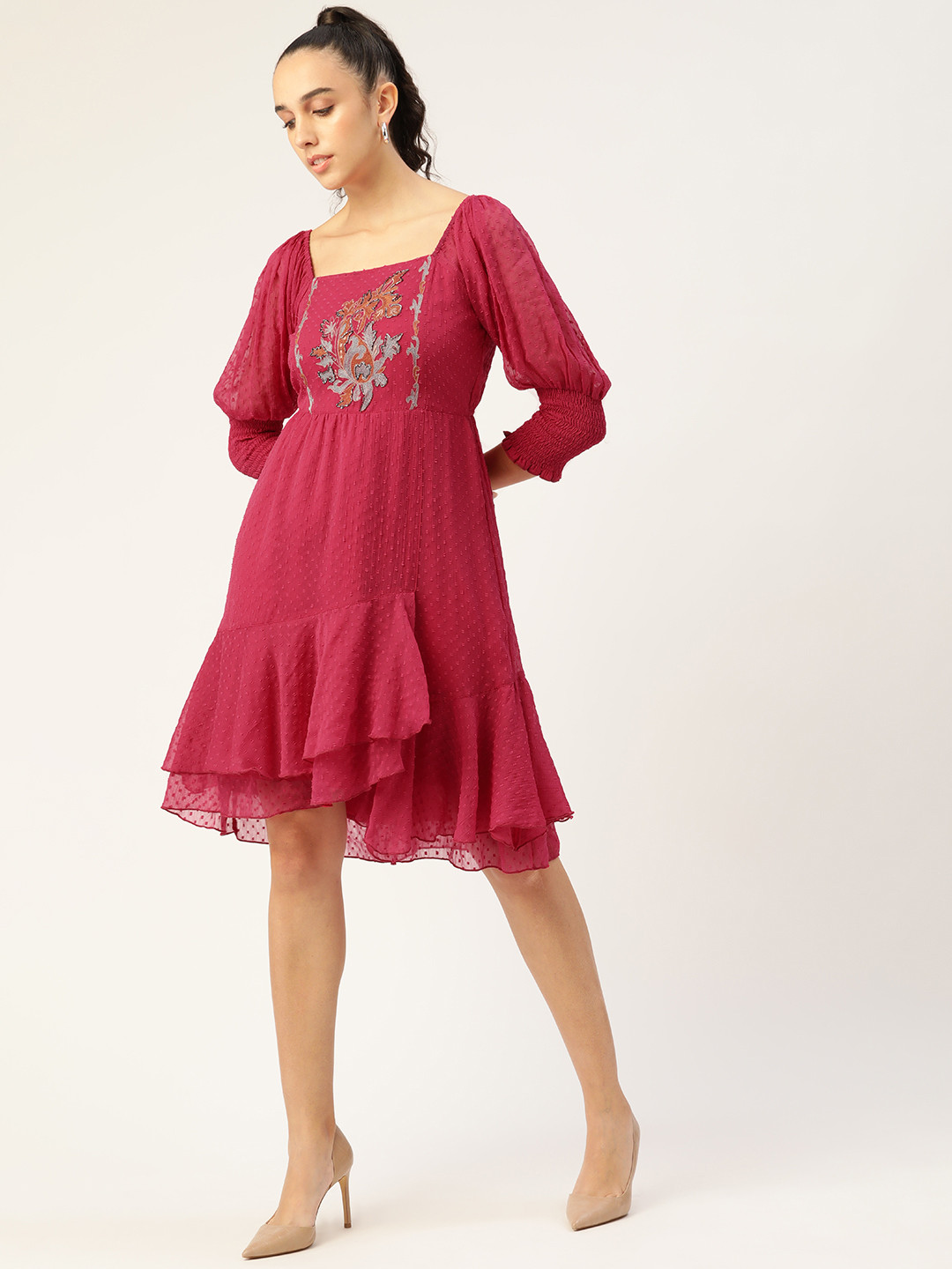 

Antheaa Fuchsia Dobby Weave A-Line Dress