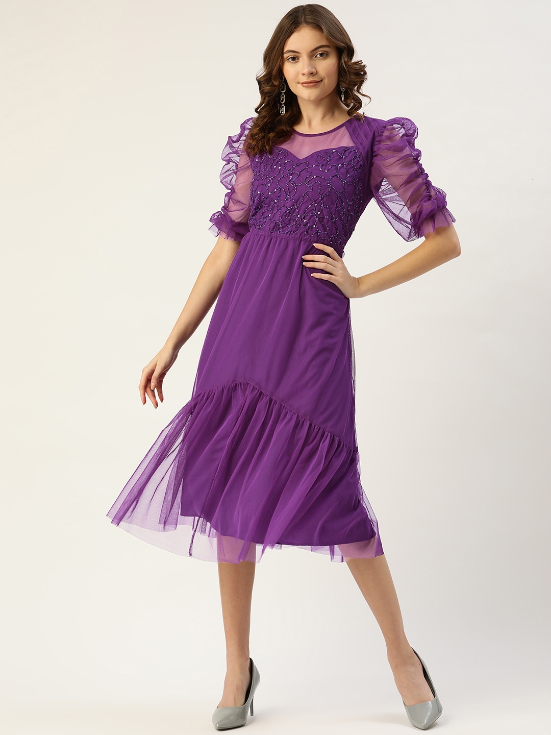

Antheaa Purple Net Embellished Tiered Dress