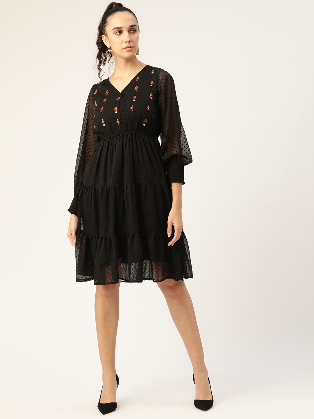

Antheaa Black Dobby Weave Tiered A-Line Dress