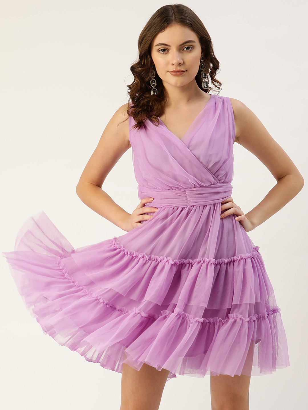 

Antheaa Lavender Net Frilled Tiered Dress