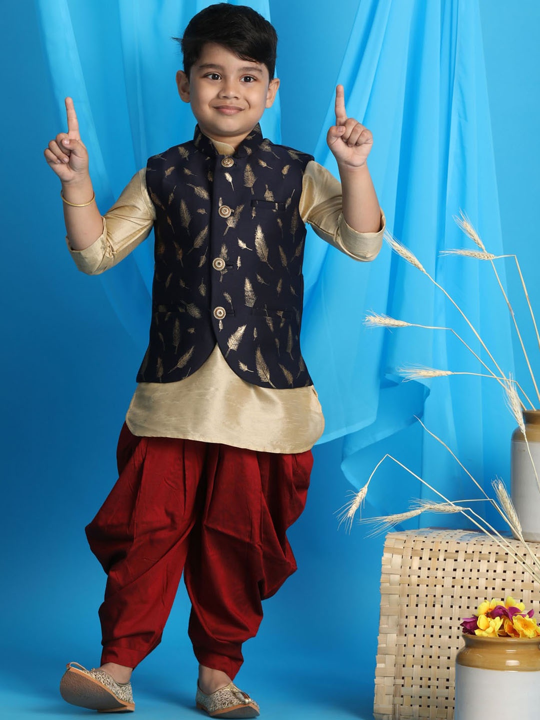 

VASTRAMAY Boys Gold-Toned Ethnic Motifs Layered Kurta with Dhoti Pants And Nehru Jacket