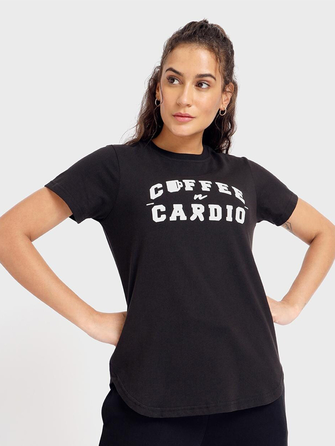 

Bewakoof Women Black Typography Printed High Neck Applique T-shirt