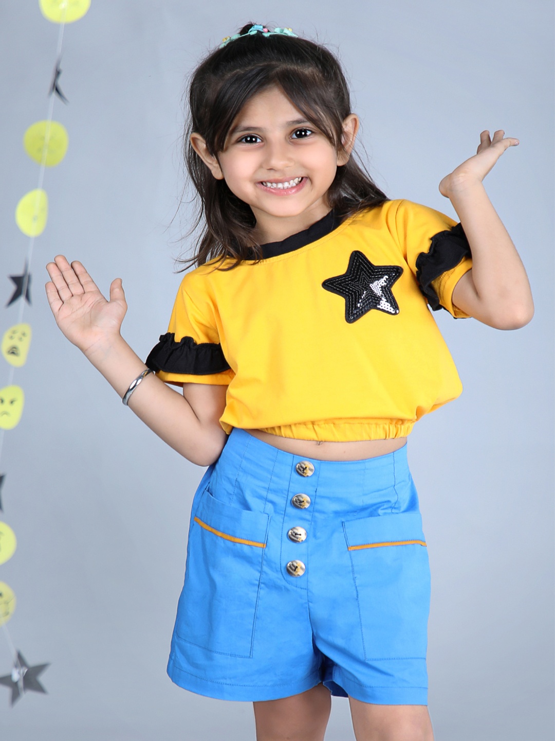 

Beyabella Girls Yellow & Blue Embellished Pure cotton Top with Short