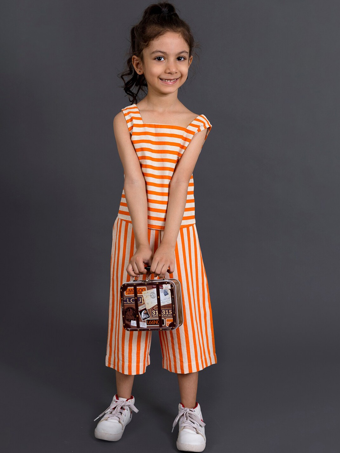 

Beyabella Girls Orange & Cream-Coloured Striped Top with Trousers