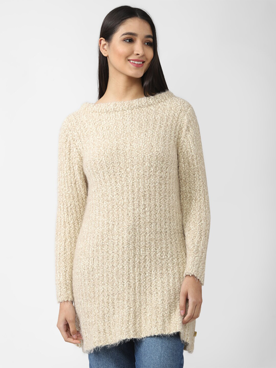 

FOREVER 21 Women Beige Cable Knit Longline Pullover