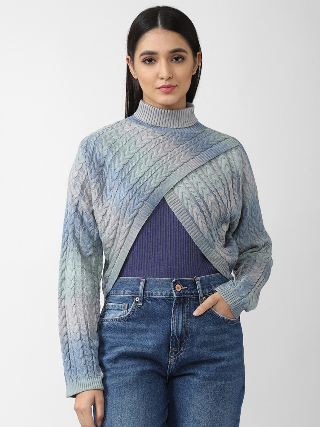

FOREVER 21 Women Blue Crop Sweater Pullover Tops