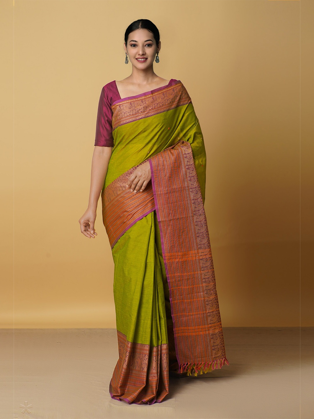 

Unnati Silks Green & Red Woven Design Zari Pure Cotton Chettinad Saree