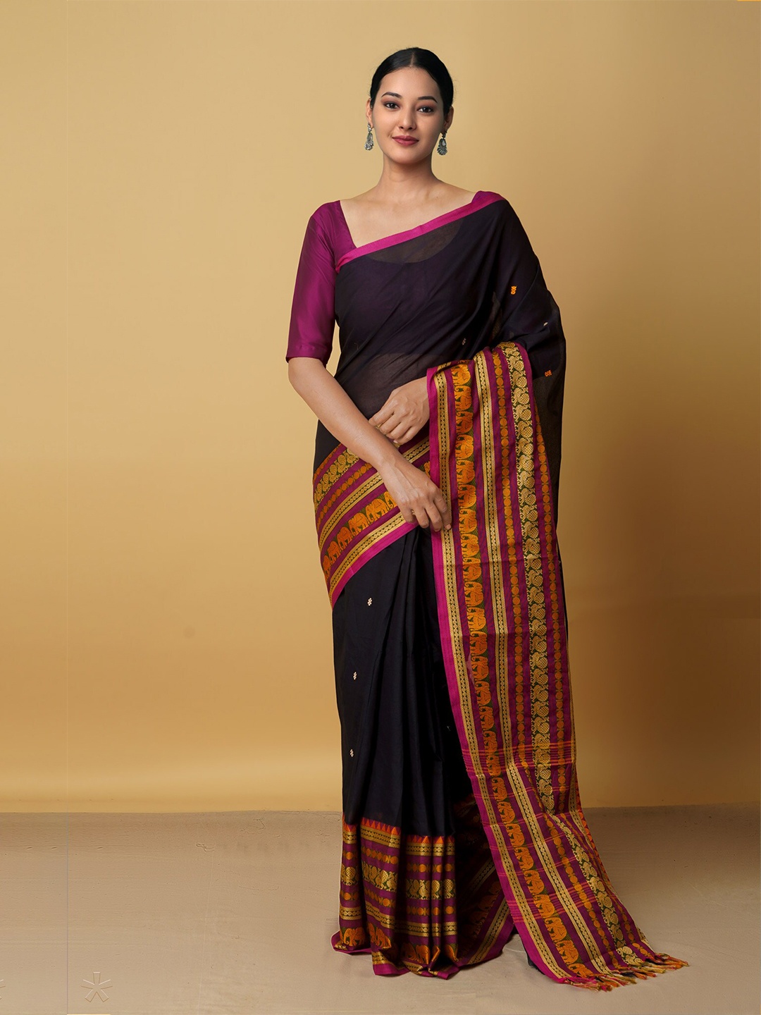 

Unnati Silks Black & Pink Woven Design Zari Pure Cotton Chettinad Saree