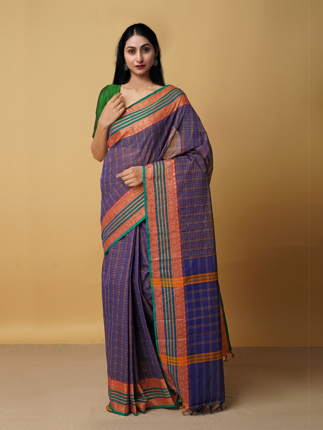 

Unnati Silks Blue & Green Woven Design Zari Pure Cotton Chettinad Saree