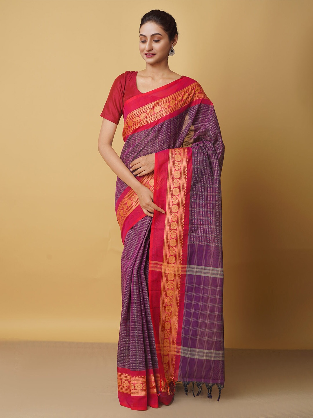 

Unnati Silks Violet & Red Woven Design Zari Pure Cotton Chettinad Saree