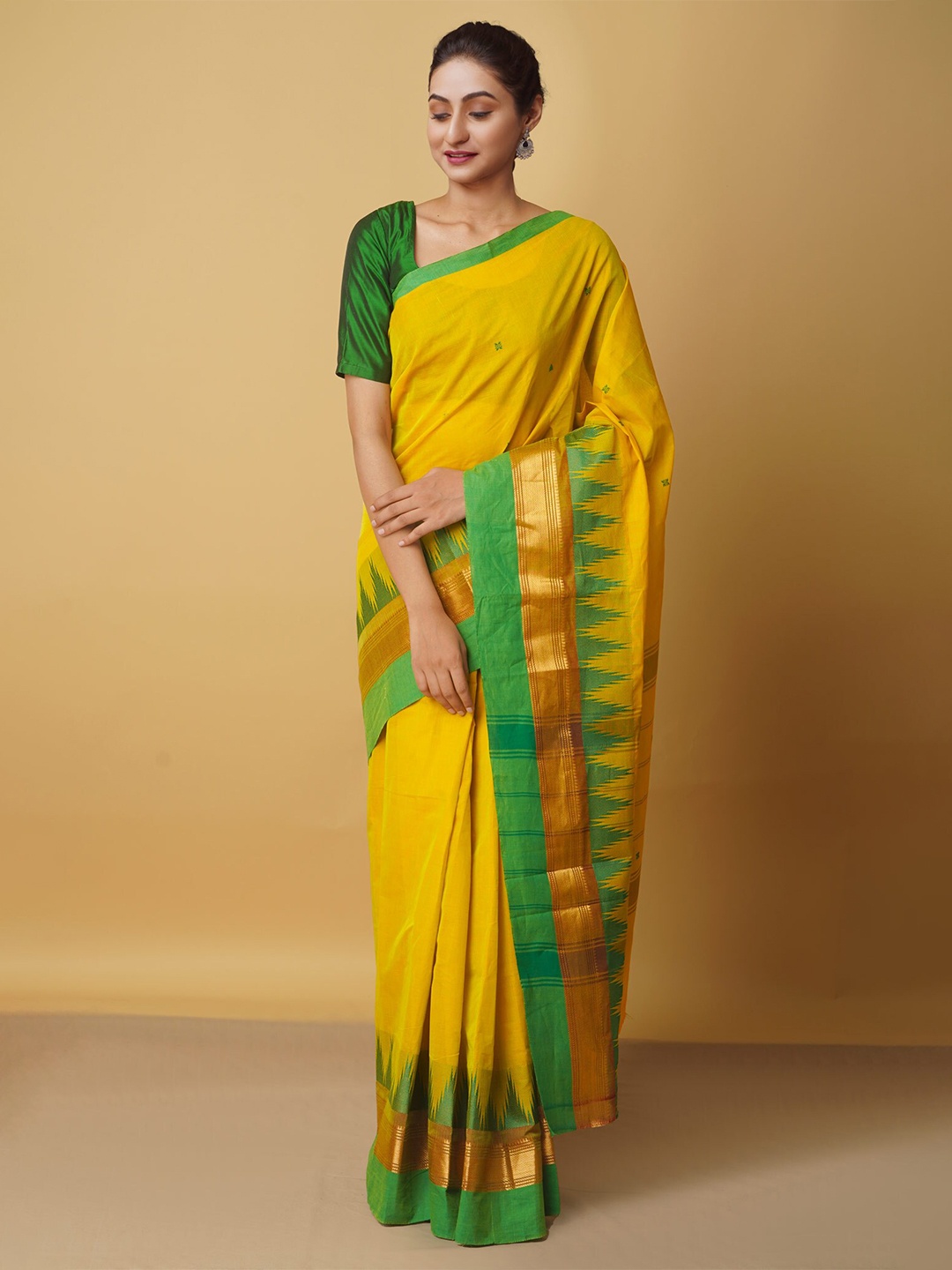 

Unnati Silks Yellow & Green Woven Design Zari Pure Cotton Chettinad Saree