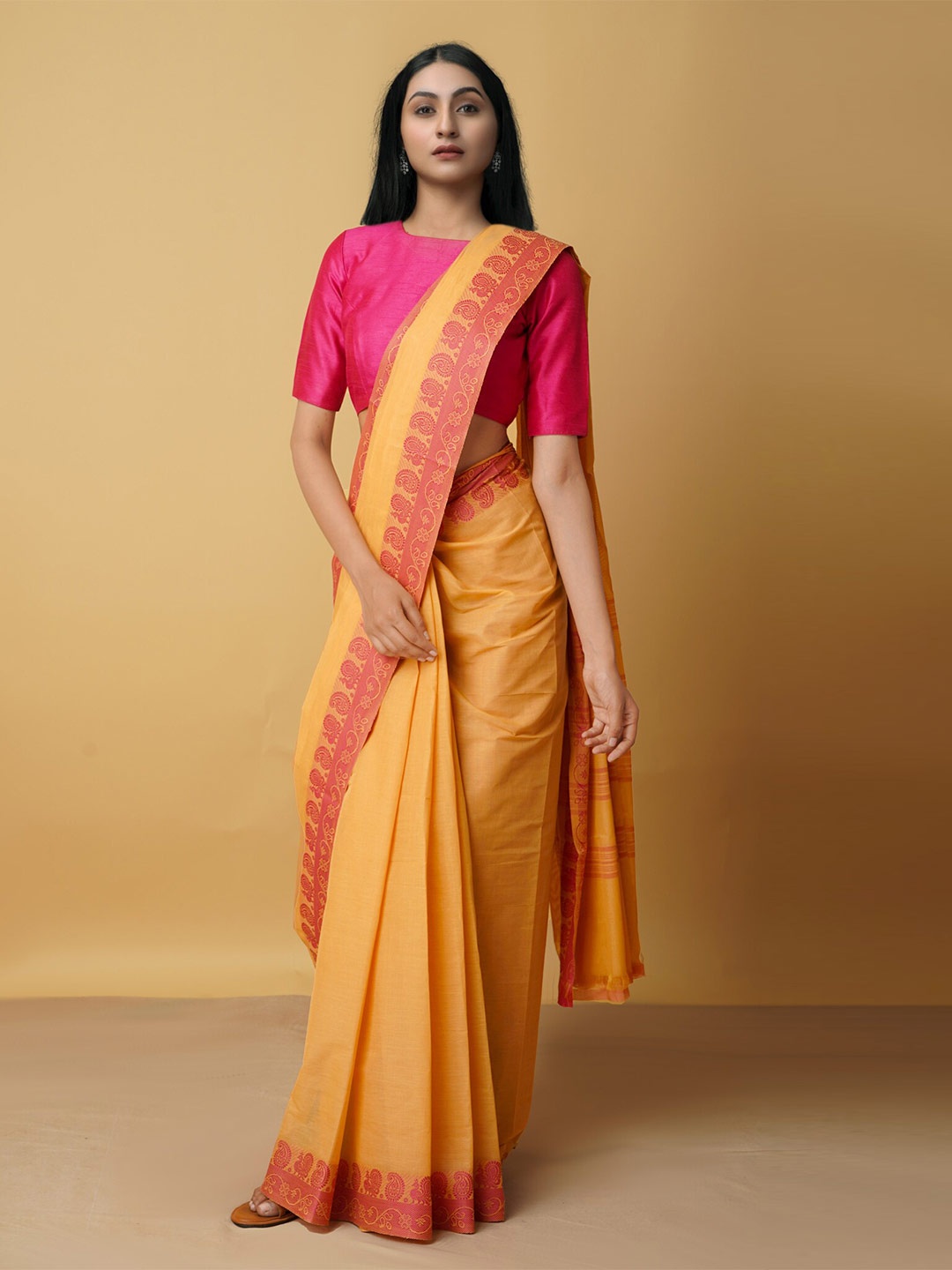 

Unnati Silks Orange & Pink Woven Design Pure Cotton Kanjeevaram Saree