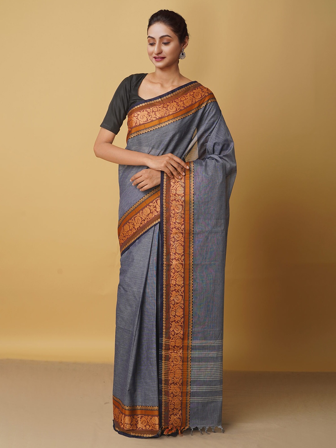 

Unnati Silks Grey & Red Woven Design Zari Pure Cotton Chettinad Saree